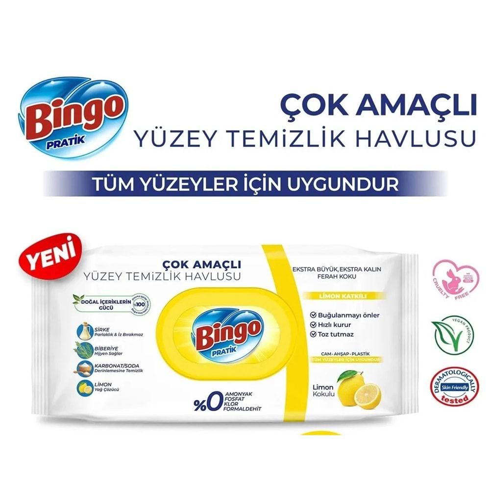 BİNGO PRATİK ÇOK AMAÇLI YÜZEY TEMİZLİK HAVLUSU LİMON KOKULU 96 ADET