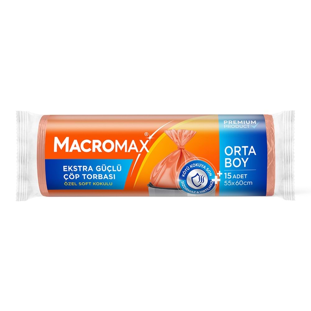 MACROMAX ORTA BOY EKSTRA GÜÇLÜ ÇÖP TORBASI 55X60 CM 15 ADET