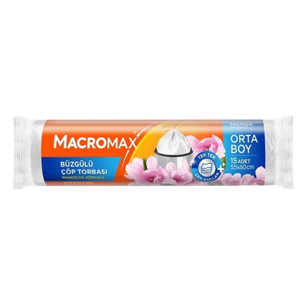 MACROMAX ORTA BOY BÜZGÜLÜ ÇÖP TORBASI MANOLYA KOKULU 55X60CM 10 ADET