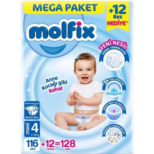 MOLFİX MEGA PAKET 4 NUMARA 7-14KG 128 ADET BEBEK BEZİ