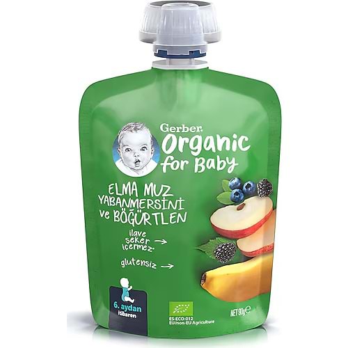 GERBER ELMA MUZ YABAN MERSİNİ VE BÖĞÜRTLEN 90G BEBEK MAMASI